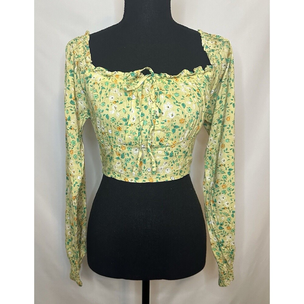 AERIE‎ Woven Long Sleeve Floral Crop Smocked Blouse XS NWT